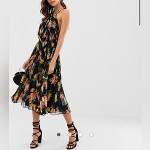 ASOS DESIGN pleated bodice halter midi dress in floral print